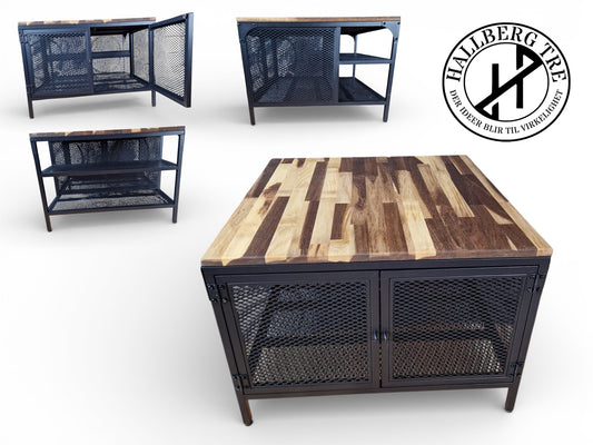 Unikt Eikebord med Oppbevaring – Rustikk Eleganse møter Industriel Stil 68x68x48 cm